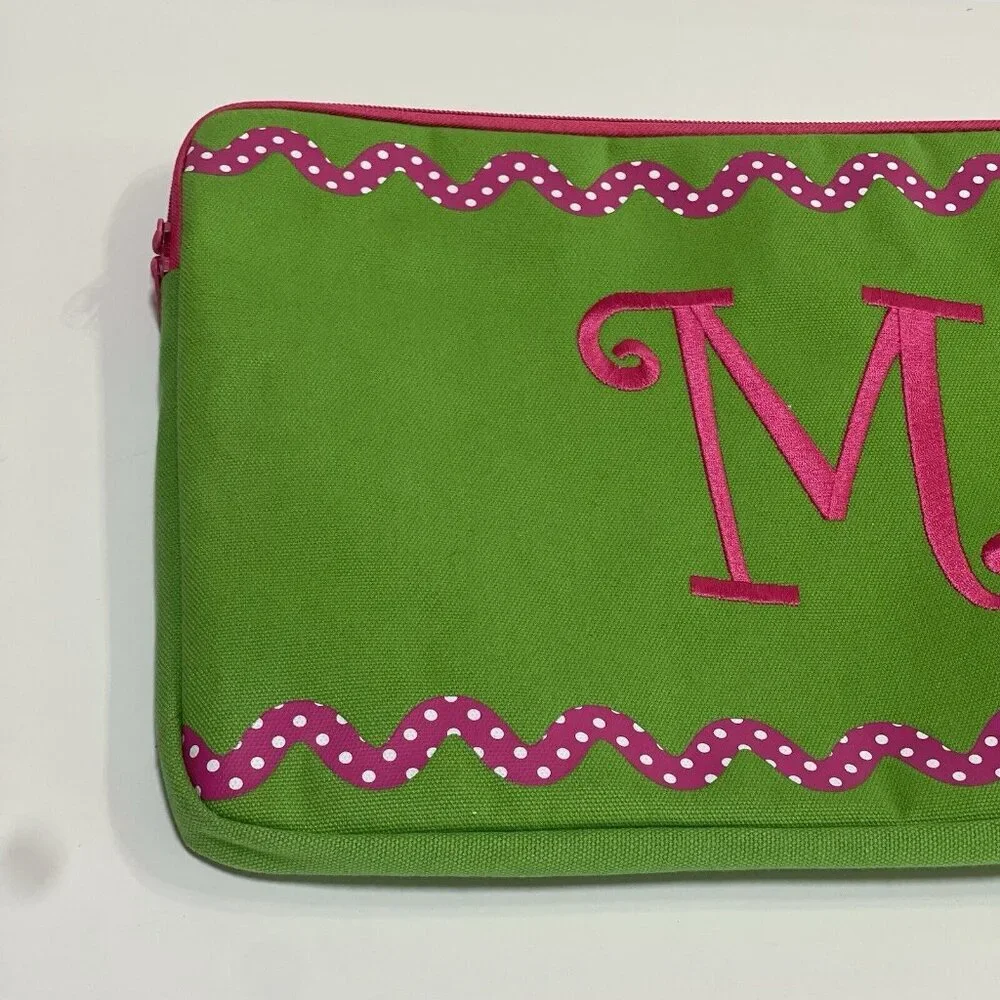 Monogrammed M Laptop Sleeve Padded Computer Green inside Pink Polka Dot 15x11